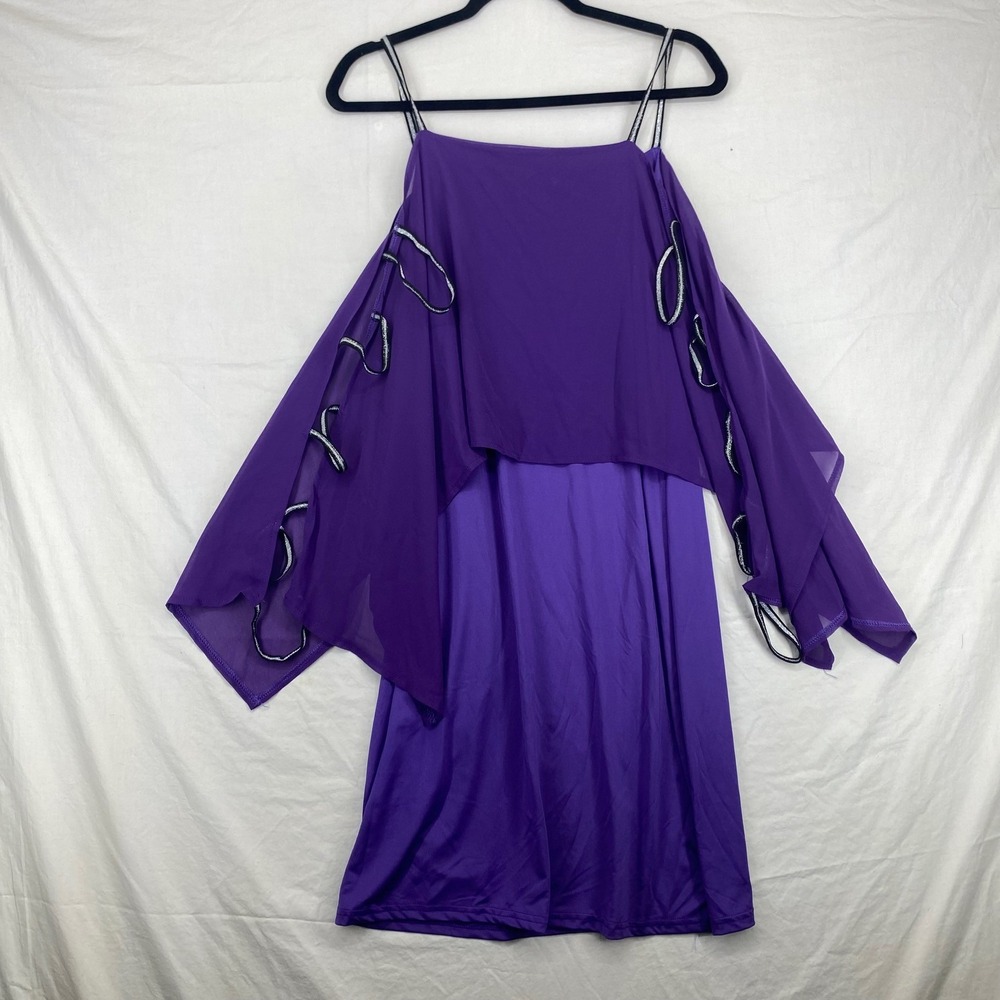 Purple Cold Shoulder Split Sleeve Mini Dress Silver Metallic Trim 2XL
